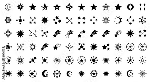 Collection of Celestial Icons: Stars, Moons, Comets, Constellations, and Sunbursts