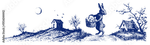 Scenic landscape engraving of an easter bunny carrying a basket of eggs