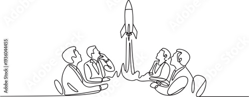 Continuous one line drawing of business people looking at rocket rising from table, business startup or team innovation concept, one line art icon drawing vector