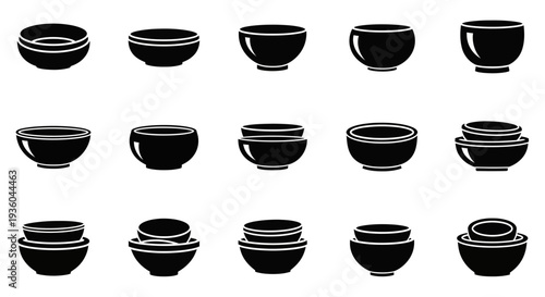 Collection of Ceramic Bowls, Various Shapes and Sizes, Minimalist Black and White Icons