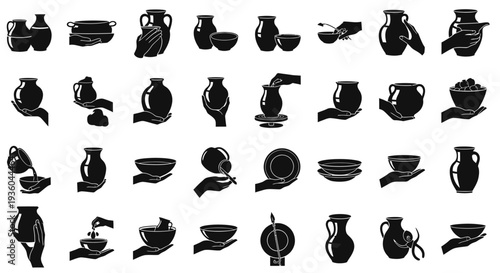 Collection of Ceramic Pottery and Clay Vessels in Hand Silhouette Icons