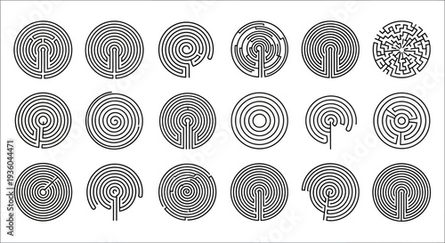 Collection of Circular Mazes and Labyrinths - Graphic Design Elements