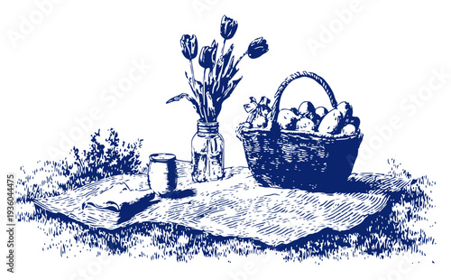 Spring still life illustration with a basket of eggs and tulips on a picnic cloth