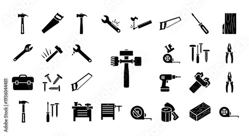 Collection of Construction and DIY Tools Icons - Black and White Set