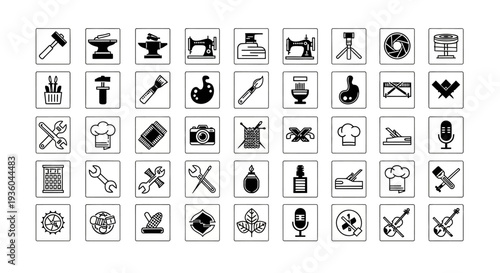 Collection of Craft and Hobby Icons: Tools, Art, Music, and More