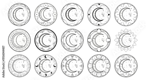 Collection of Crescent Moon Symbols, Celestial Icons, Astrology Signs, Mystic Emblems