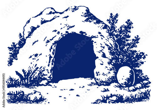 Biblical engraving depicting the empty tomb of jesus christ with the stone rolled away