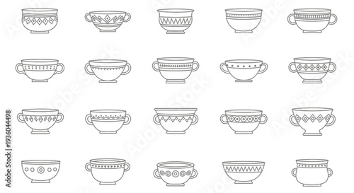Collection of Decorative Ceramic Bowls with Handles, Hand-drawn Line Art Icons