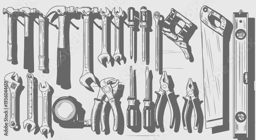 Collection of Hand Tools Hanging on Wall - Vintage Illustration Style