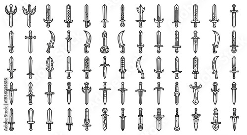 Collection of Hand Drawn Swords and Blades, Fantasy Weapons Vector Icons
