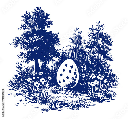 Decorated spotted easter egg hidden in tall grass and flowers near a tree vintage engraving