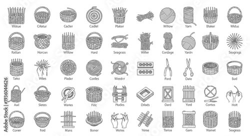 Collection of Hand-Drawn Basket Weaving Elements and Tools
