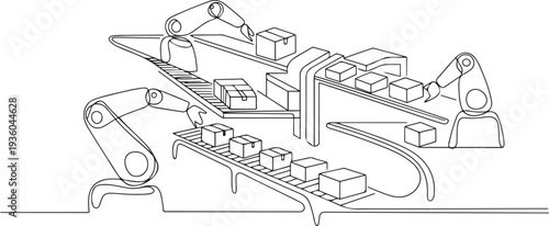Factory Parcel Center Robots Line Art. Industry and technology. one line art icon drawing vector