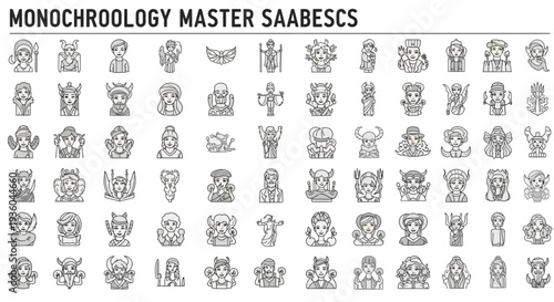 Collection of Hand-Drawn Fantasy Character Icons in Black and White