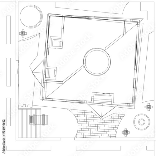 Technical architectural site plan featuring a large angular building structure with a central circular atrium or courtyard, adjacent parking area, paved walkways, and surrounding road layout in black 