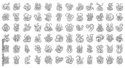 Collection of Hand-Drawn Octopus Tentacles, Vector Illustrations