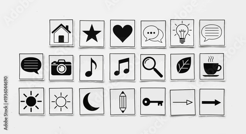 Collection of Hand-Drawn Icons: Home, Star, Heart, Chat, Idea Bulb, Camera, Music