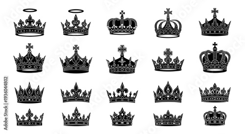 Collection of Royal Crowns Silhouette Icons - Symbol of Power and Royalty