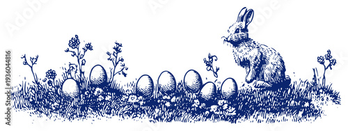 Easter bunny sitting in a meadow with a row of eggs in vintage engraving style