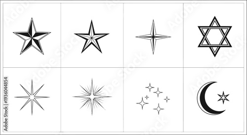 Collection of Star and Crescent Moon Icons: Celestial Symbols and Religious Emblems