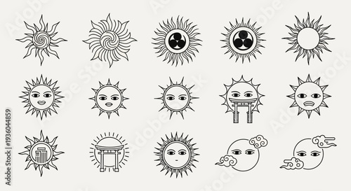 Collection of stylized sun icons with faces and Japanese motifs, line art