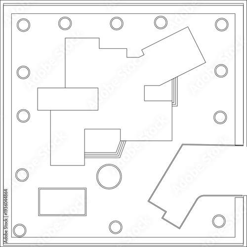 Technical architectural site plan showing angular building footprints with circular perimeter elements, terraced sections and geometric layout in line art style.