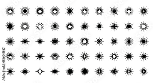 Collection of Starburst and Sparkle Icons, Black and White Graphic Elements