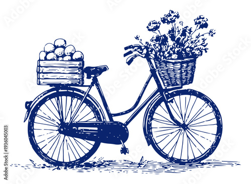 Retro vintage style engraving of a classic bicycle with baskets of flowers and fruit