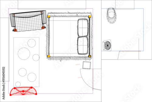 Floor plan sketch of a bedroom suite with ensuite bathroom, featuring a double bed, circular rug, red chair, and bathroom fixtures in mixed media style.