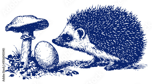 Detailed vintage woodcut illustration of a hedgehog near a mushroom and an egg