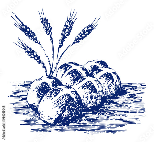Traditional vintage engraving of hot cross buns with wheat stalks for Good Friday