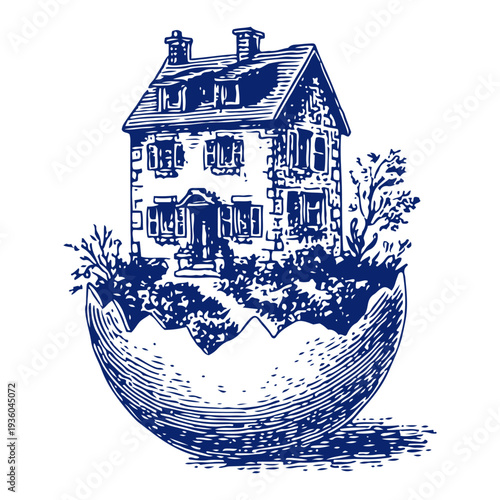 Surreal house architectural building growing inside a broken eggshell vintage engraving style