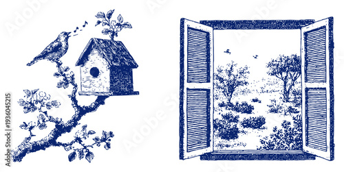 Scenic view through an open window with a singing bird and birdhouse in engraving style