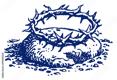 Crown of thorns resting on a large stone in vintage woodcut style