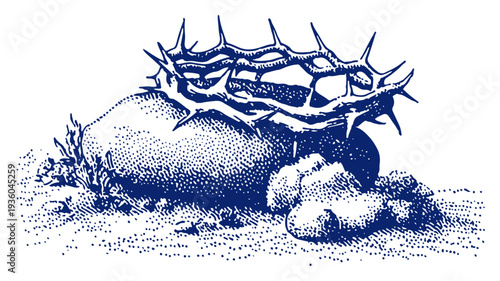Crown of thorns resting on a stone symbol of the passion of christ in engraving style