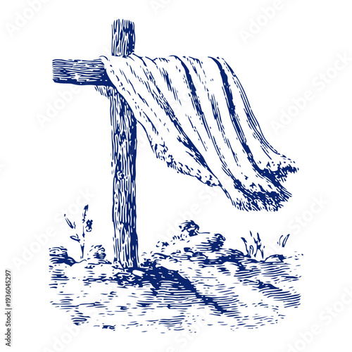 Empty christian wooden cross with a white shroud in vintage engraving style