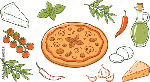 Italian pizza illustration with fresh ingredients, cheese, olives, tomatoes, garlic and olive oil, hand drawn Mediterranean food design