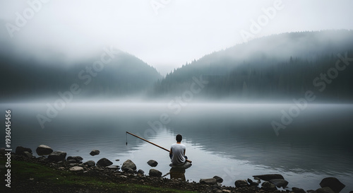 A man fishing on a foggy lake surrounded by mountains and trees