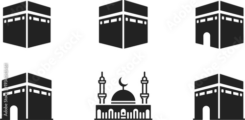 Kaaba and mosque icon collection, Islamic holy Mecca symbols for Hajj pilgrimage Ramadan religion vector silhouette set