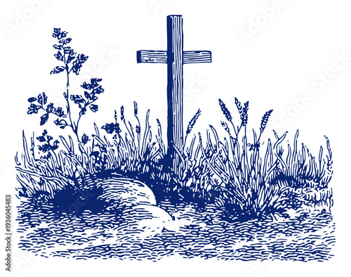 Wooden christian cross in a field of grass and wild plants vintage woodcut style