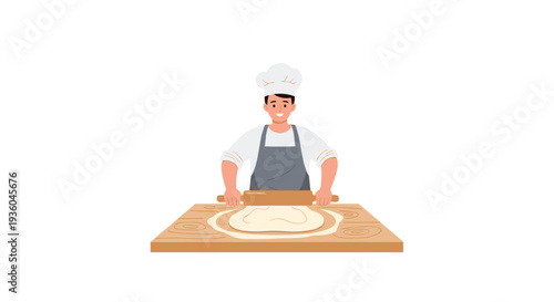 A smiling male chef, wearing a white toque and a gray apron, stands behind a wooden board, actively rolling a circular piece of dough.