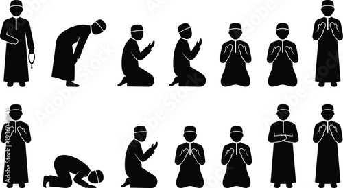 Muslim prayer positions silhouette set showing Islamic salat steps standing bowing kneeling and prostration, religious worship vector illustration