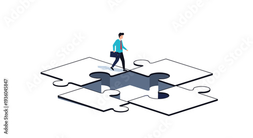 A businessman carrying a briefcase is walking on a large four-piece white puzzle platform with a central missing piece.