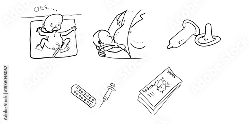 Hand Drawn Doodle Set of Birth, Healthcare, and Finance Concepts