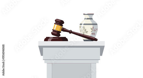 A wooden gavel rests on a sound block next to a decorative white vase with floral patterns on a light grey pedestal.