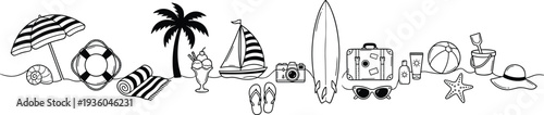 Summer beach vacation illustration set, travel holiday elements with surfboard sailboat palm umbrella camera sunglasses seaside line art