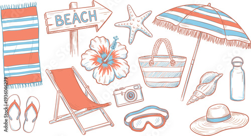 Summer beach vacation illustration set with umbrella, towel, flip flops, camera and seashells, hand drawn seaside travel elements