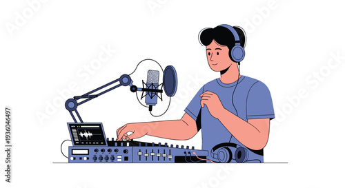 A smiling man wearing headphones is operating a sound mixer and speaking into a microphone on a stand with a laptop.