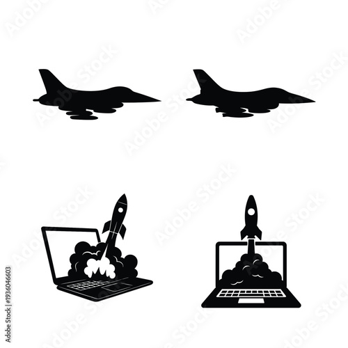 Black silhouettes of planes and laptops with rockets on white background aircraft