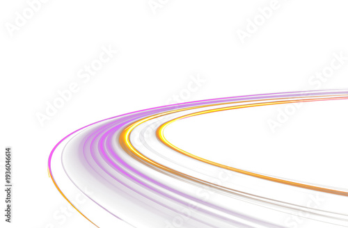 Neon line speed motion effect with glowing light trails and orbital rings. Dynamic futuristic energy flow in purple and gold colors on white. Abstract geometric rays in perspective for fast pace png